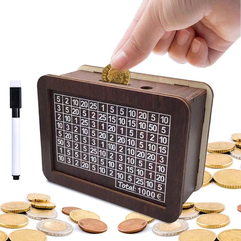 Wooden piggy bank with a large capacity for 161 days. The piggy bank only has access to DIY digital texture coin storage box
