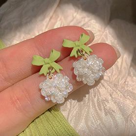 French Romantic Green Flower Asymmetric Tassel Drop Earrings New Design Jewelry for Women's or Girl’s Sweet Ear Accessories