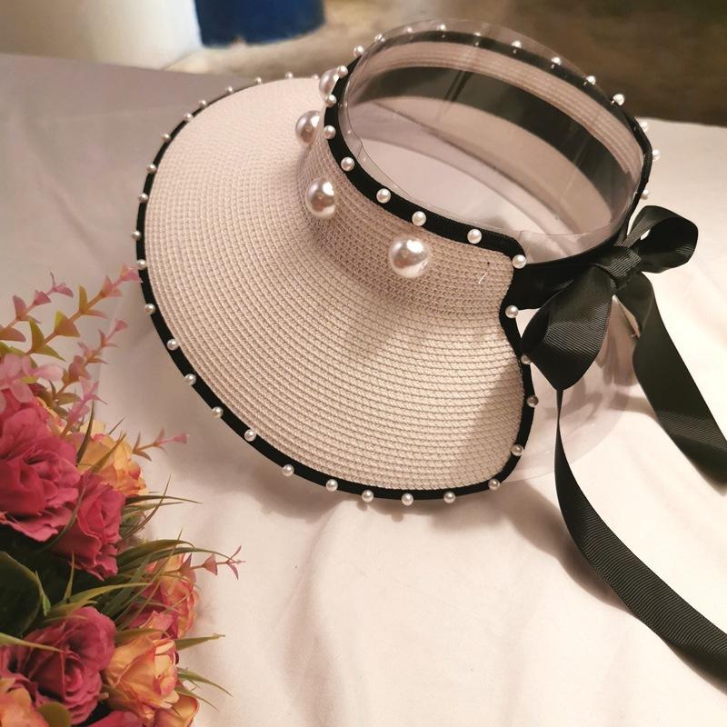 Women s Visor Sun Hat with Pearl & Bow Ribbon, Open Top Wide Brim Beach Hat, Vacation UV Protection Cap Adjustable белый