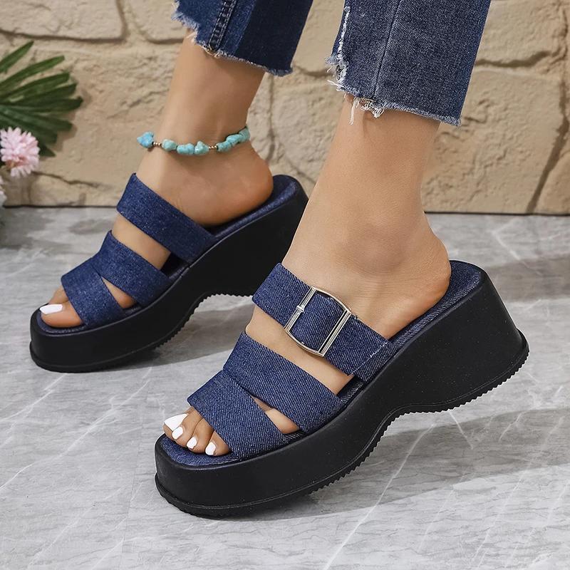 Fashion Blue Denim Chunky Platform Slippers Women Fashion Buckle Wedge Heels Sandals Woman Summer Comfort Thick Bottom Outdoor Slippers