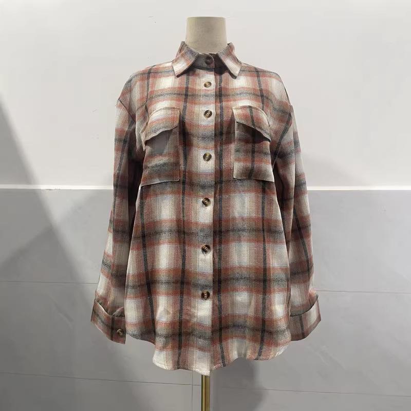 2025 Women's Cross-Border European and American Loose Plaid Pocket Shirt - Autumn/Winter Casual Fashion.