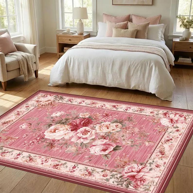 Pink Retro Rose Floral Rug Vintage Country Washable Non-Slip Soft Carpet for Bedroom Living Room Decor
