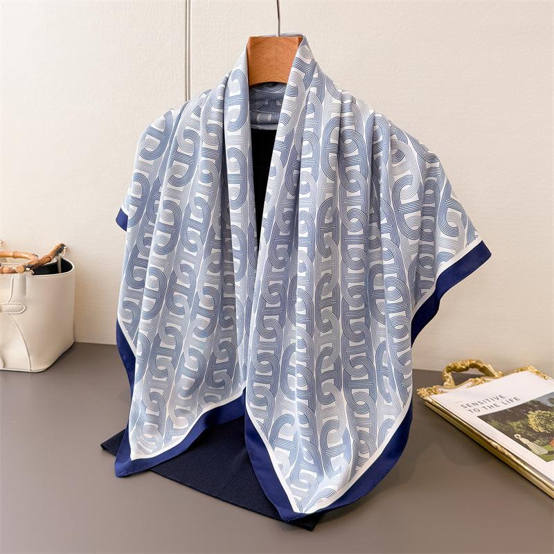 European and American Light Luxury Letter Oblique Silk Scarf Large Square Scarf Versatile Printing Imitation Silk Dust-proof Shawl Headscarf Scarf Wom