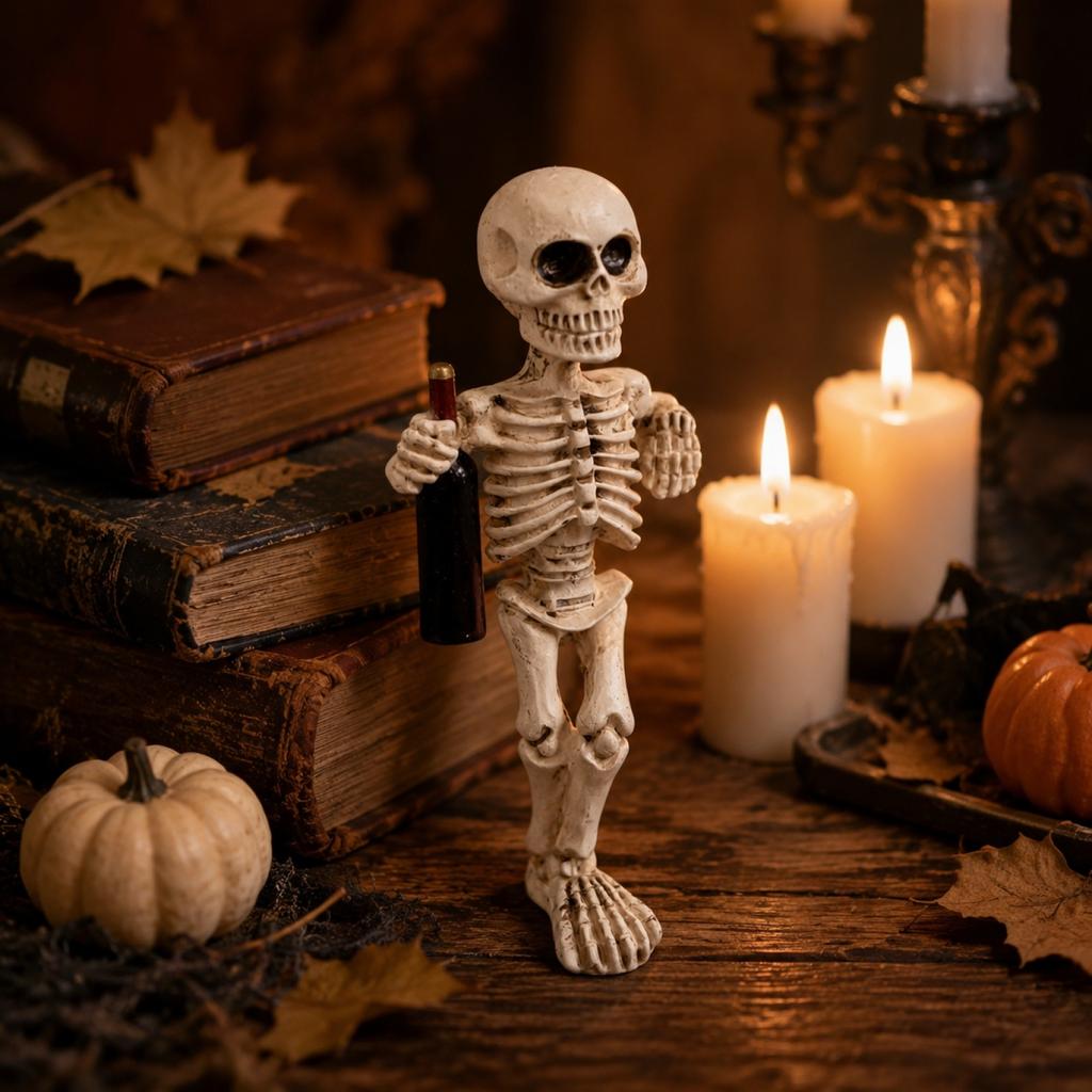 Skeleton Figurine Tabletop Decoration with Bottle Holder for Home Office Party Event Desktop Ornament Halloween Theme