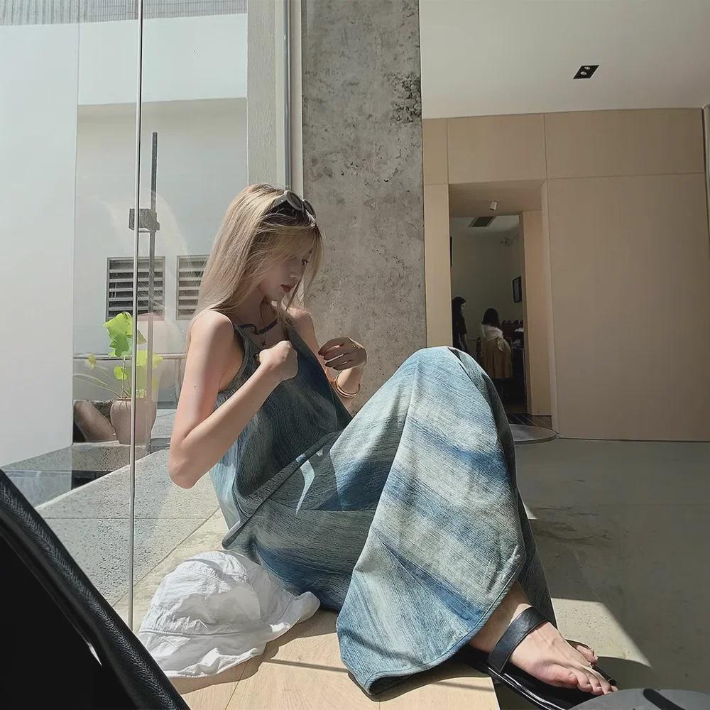 Women's French Tie-Dyed Suspender Dress - Slim and Loose Summer Seaside Beachwear