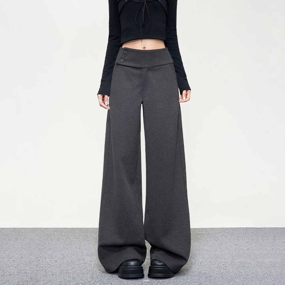 Dark Gray Wide Leg Pants Women Korean Simple Office Lady Loose Button Trouser High Waist Casual Female Vintage Spring Pants