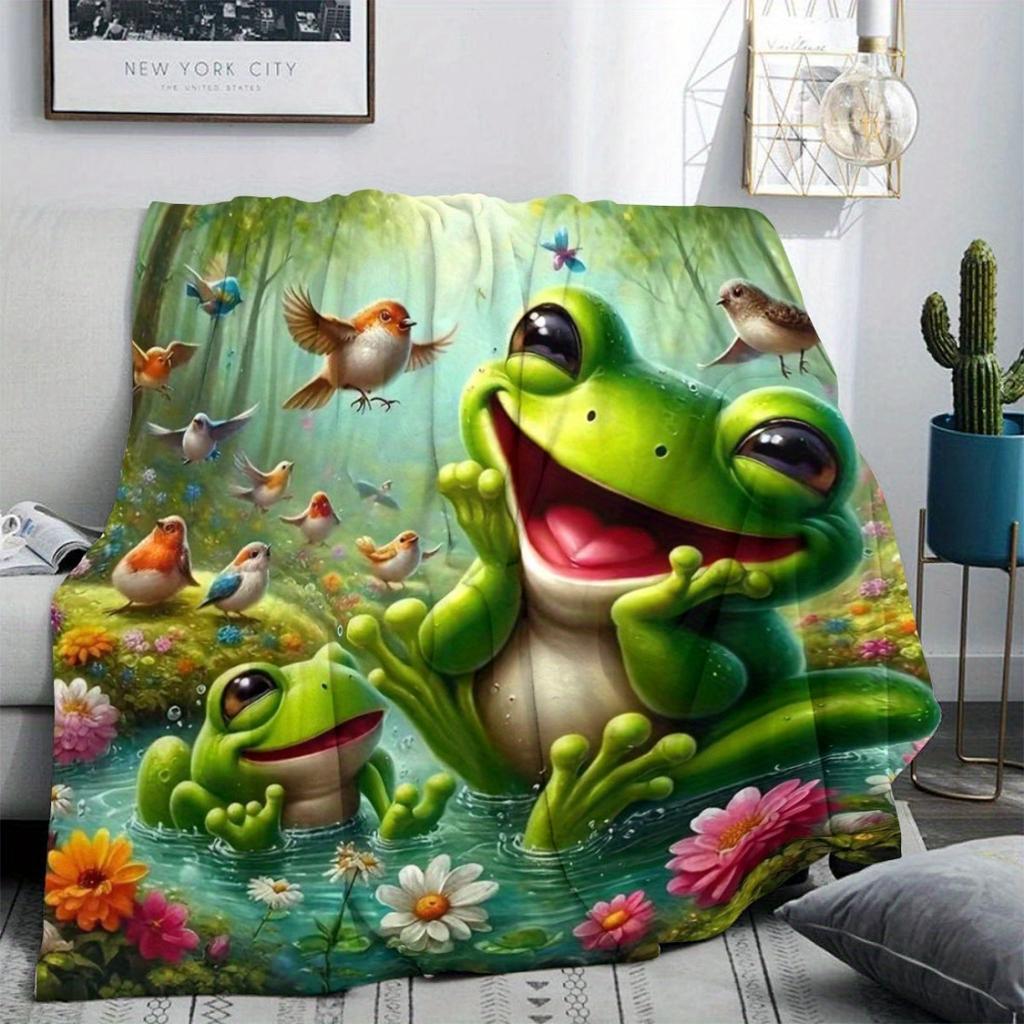 Peacock and Frog Pattern Flannel printed blanket suitable for all seasons suitable for living room office sofa and travel
