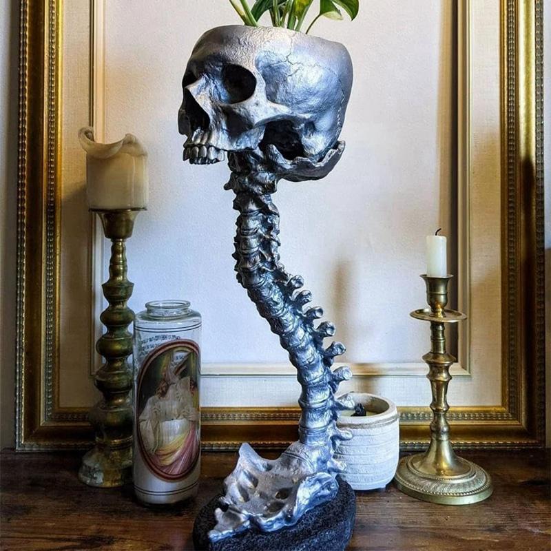 A96I-Resin Skull Planter & Spine Stand Set, Polyresin Skulls Pot, Halloween Decoration Retro Human Skull Head Flower
