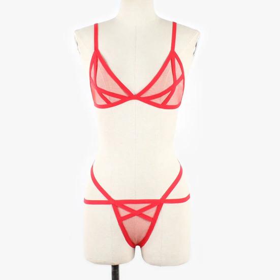 2 Pcs/Set Bra Panties Set See-through Mesh Hollow Out Solid Color Elastic Strap Decor Thin High Waist Wedding Night Honeymoon Underwear Set