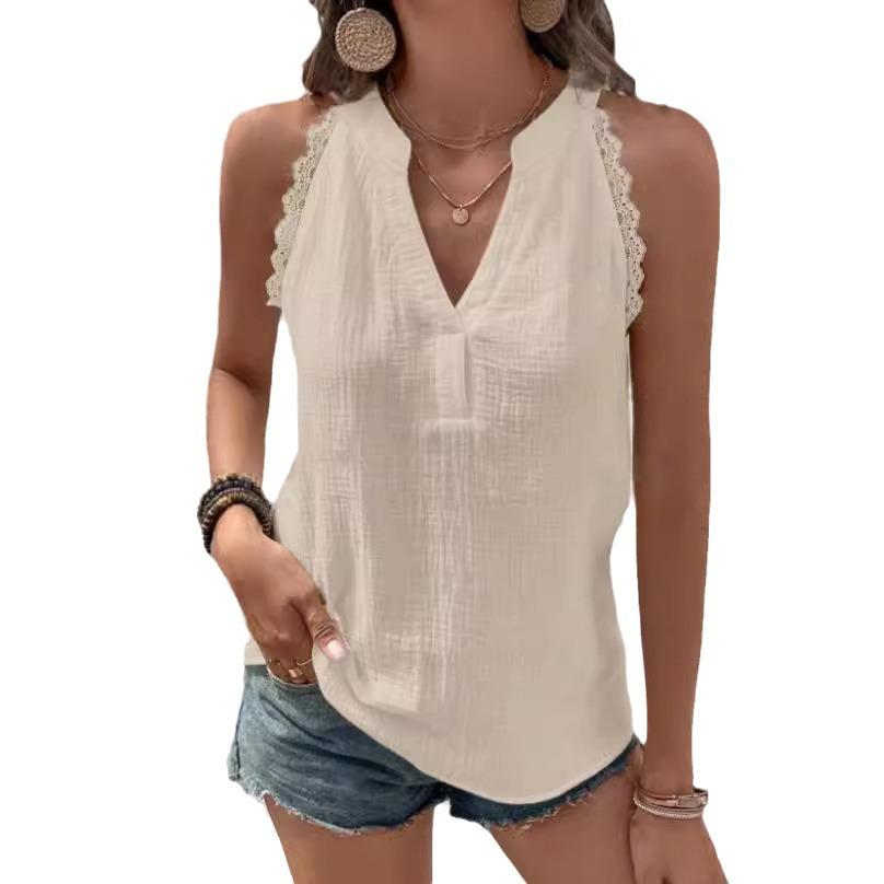 Summer Women's Vest White V-neck Off-shoulder Top Black Simple Lace Casual Basic Sleeveless Shirt Tank for Female