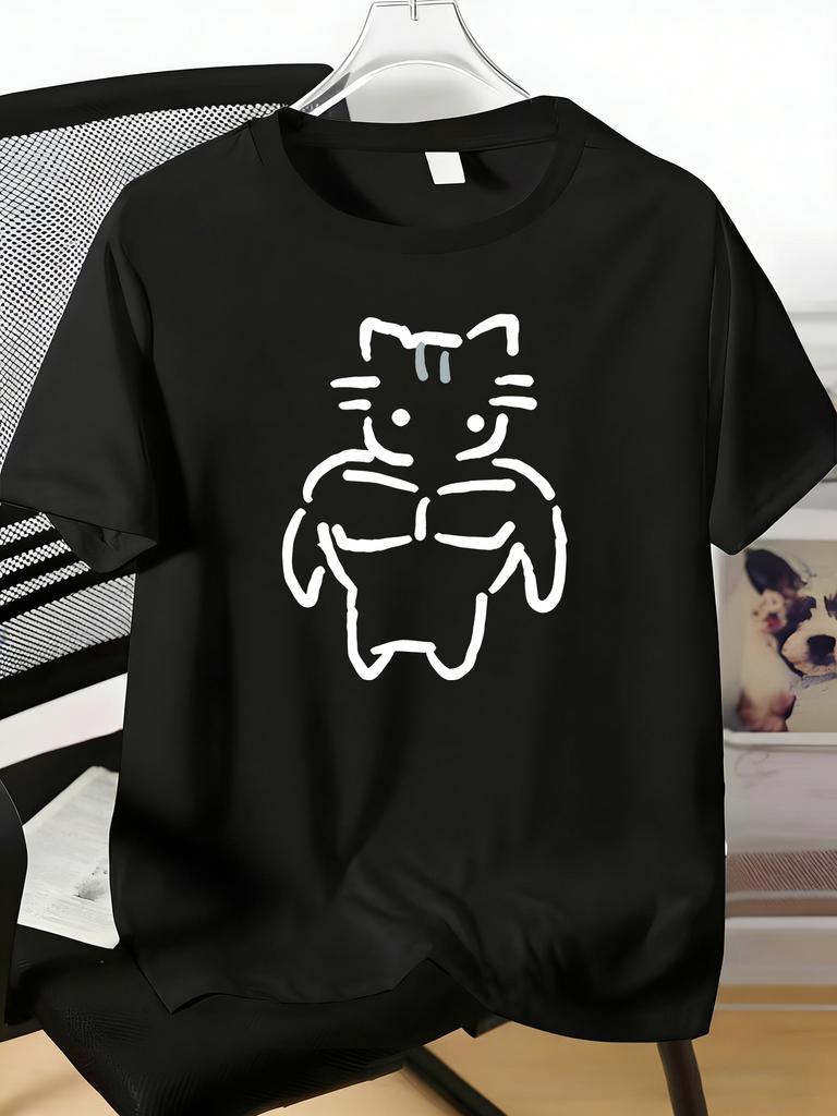 Male Navy Crew Neck Tee Funny Muscular Cat Line Art Print Light Short Sleeve Daily Street Casual Top For Gym And Pet Loving Guys