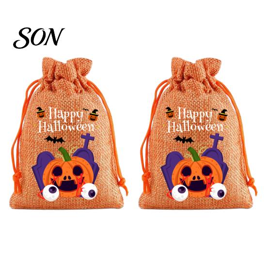 Lightweight Candy Carriers 2Pcs Halloween Pumpkin Drawstring Bags for Treats, Retro Burlap Pattern Party Favors Trick or Treat Bags, Portable