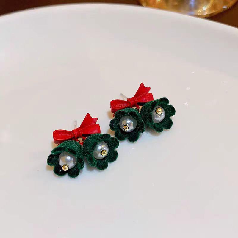 925 Sterling Silver Flock Bow Christmas Bell Pearl Earrings - Cute Korean Light Luxury