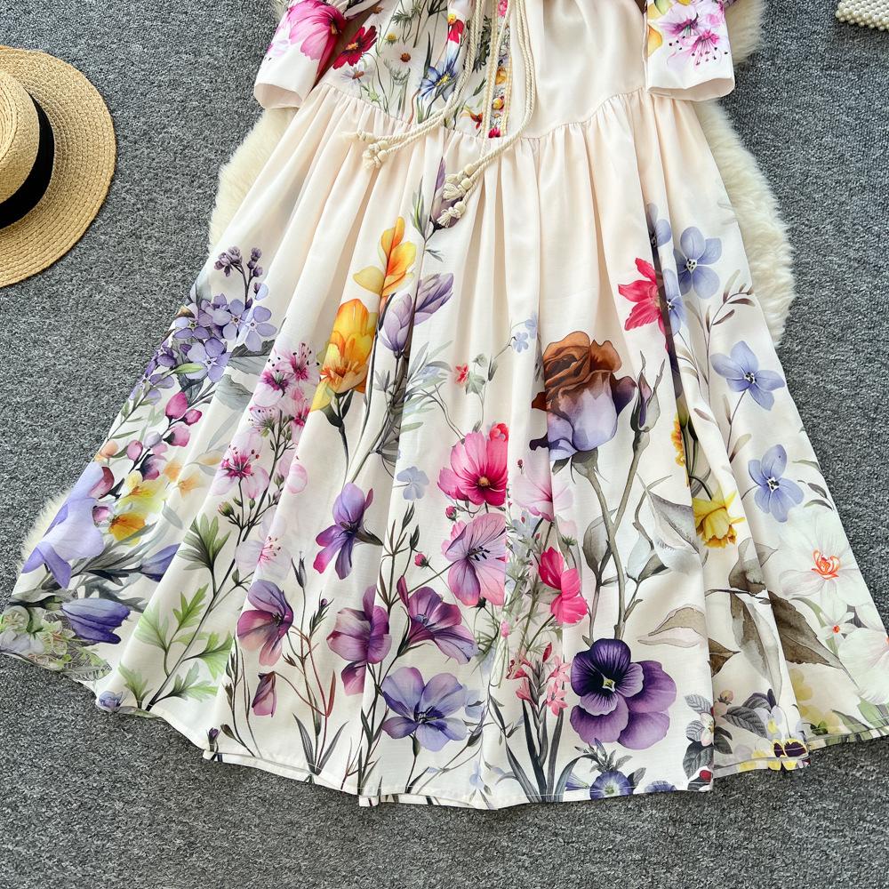 French retro elegant fashion printed dress women's autumn dress court style strap waist single-breasted pendulum dress