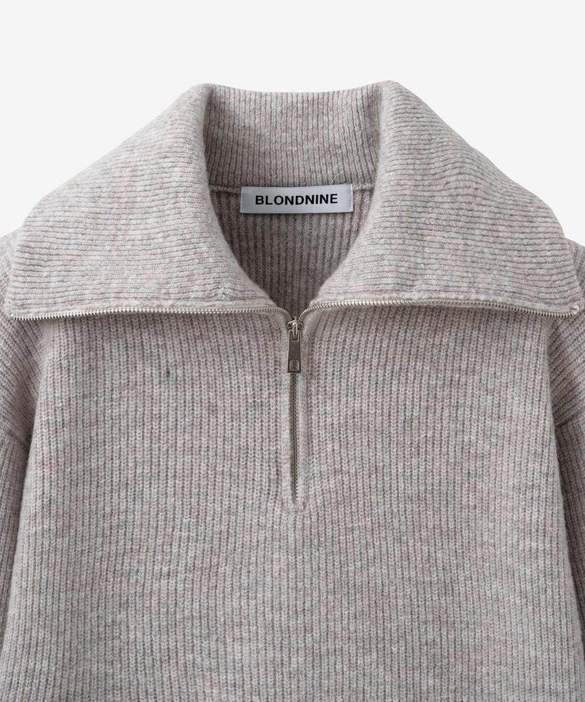 BLOND9 Volume Half Zip Rib Knit Top_Light Gray