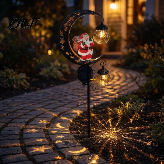 Christmas Porch Atmosphere Lights Santa Garden Stake Light, Solar Powered Crescent Moon Lamp, Double Pathway Lighting Glass Globes, Waterproof