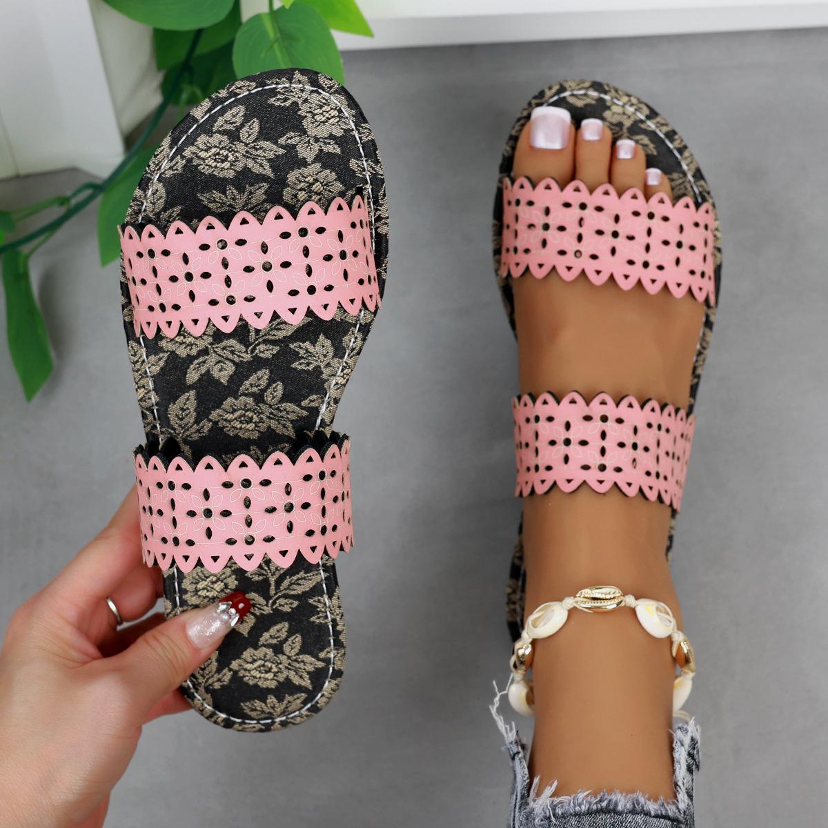 

Трансграничные тапочки большого размера на плоской подошве для летней верхней одежды для женщин, односложные модные пляжные сандалии с принтом и полыми носками 44 розовый