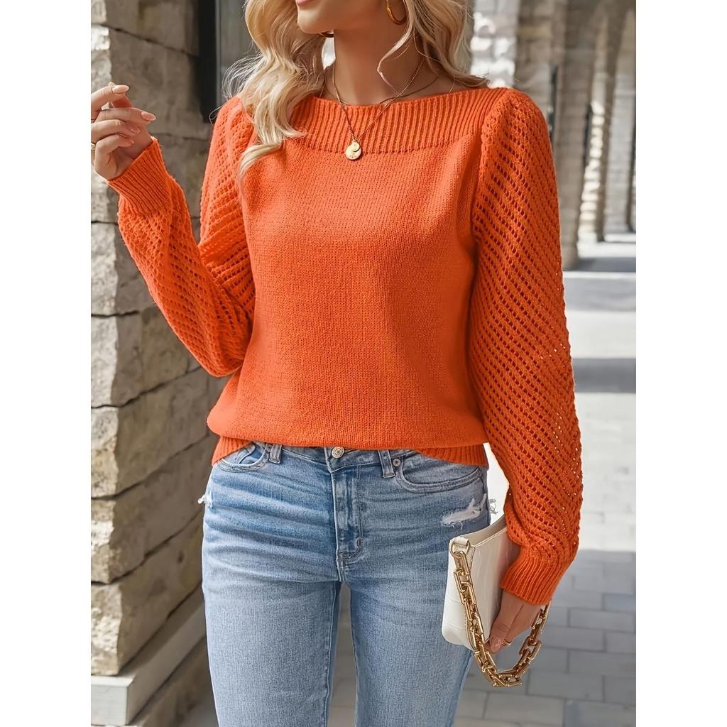 סוודר נשים סתיו ואביב צבע אחיד סריג חלול שרוולים ארוכים סוודר סריג פולאובר כתף אחת
