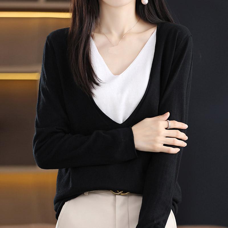 Women Sweaters Pullovers 2025 Autumn Winter Long Sleeve V-Neck Black Knitted Sweater Women Tops Pullover JJ107
