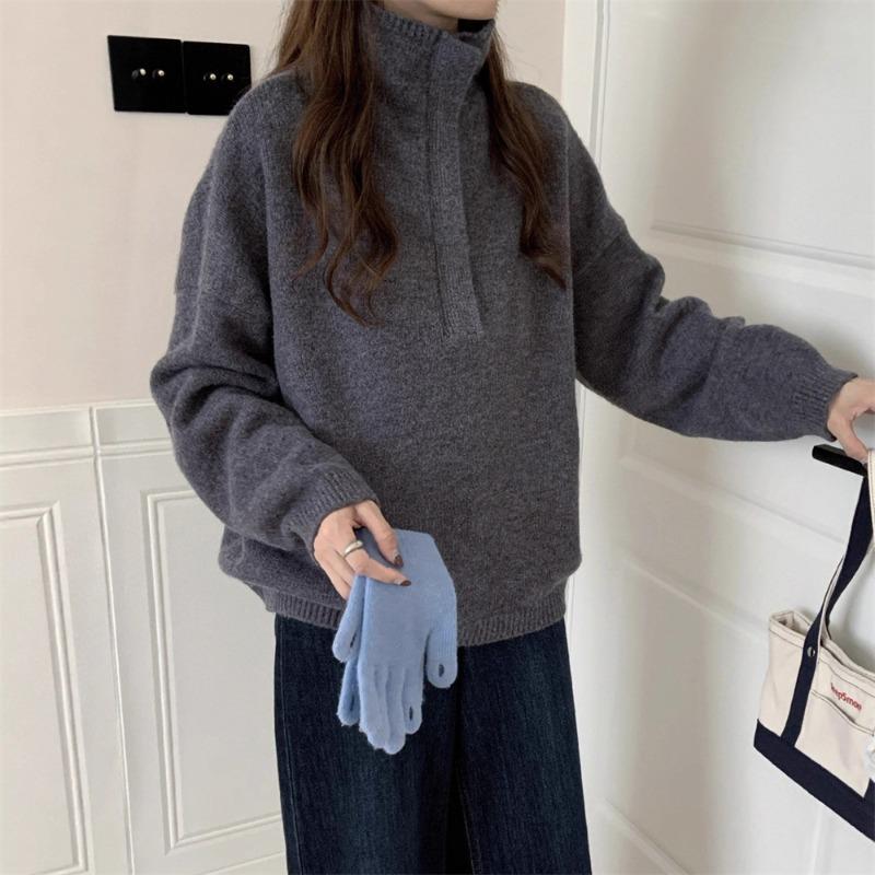 Design sense stand collar half zipper sweater women's autumn and winter new loose thick simple pullover knitted sweater top