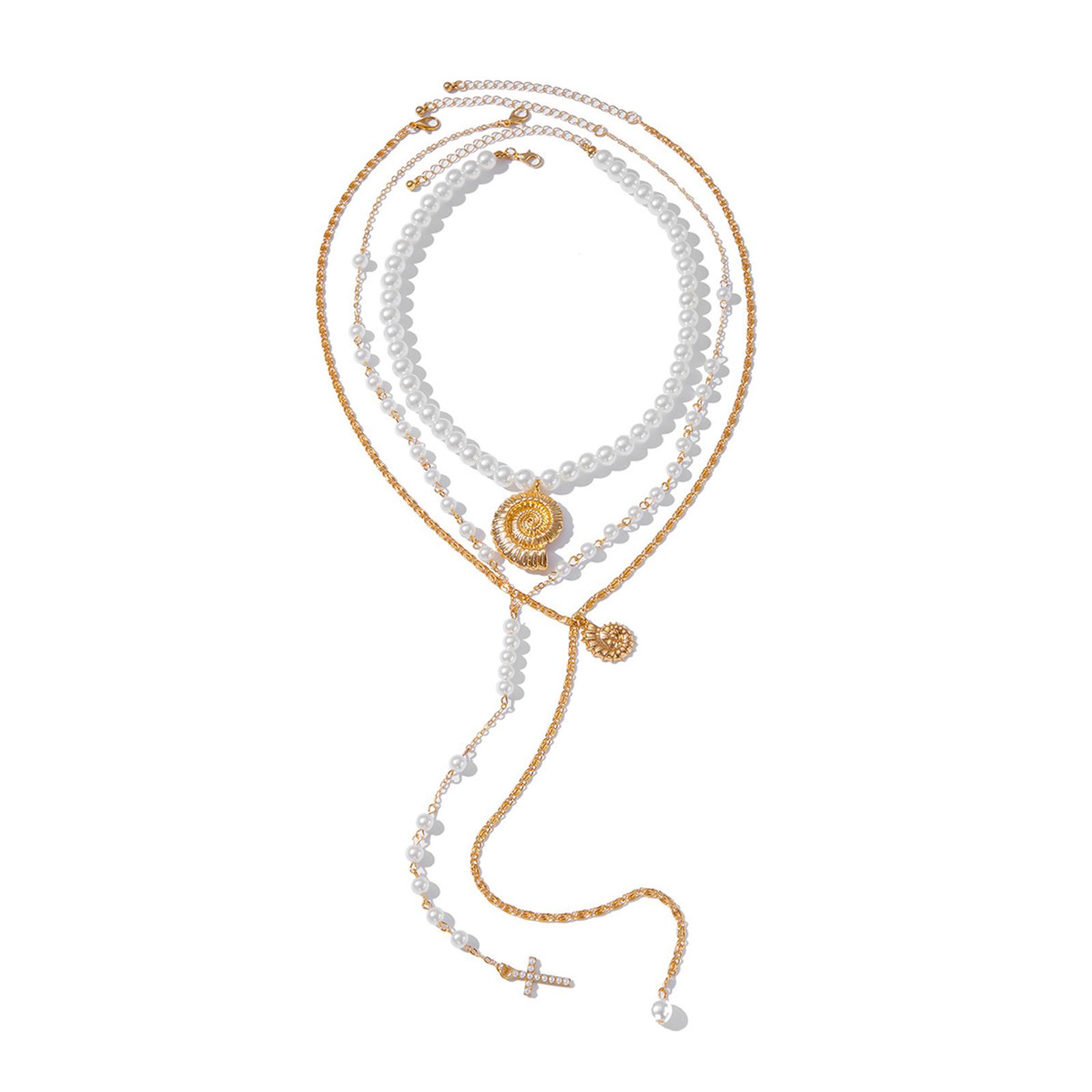 Stylish Adjustable Length Pearls Beaded Necklace with Unique Conch and Crosses Pendants Made from High Quality Alloy 1