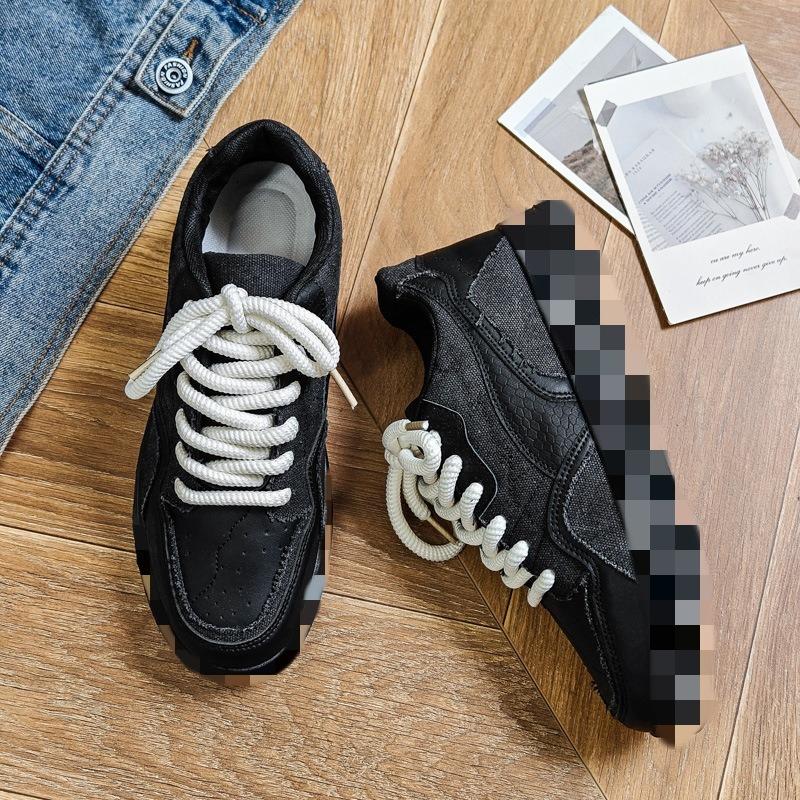 New Platform Men's Shoes Autumn Versatile Casual Sports Low-top Board Shoes Student Height Increase Black Soft Sole Wear-resistant Tide Shoes