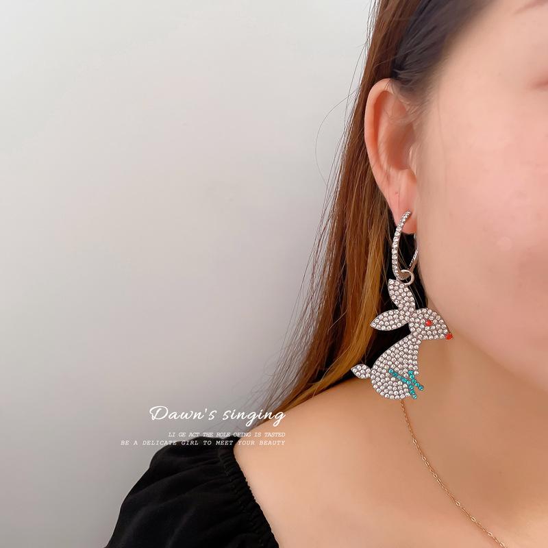 Hip Hop Punk Rabbit Bunny Dangle Drop Earring Clip  Full Zircon Jewelry Women Prevent Allergy