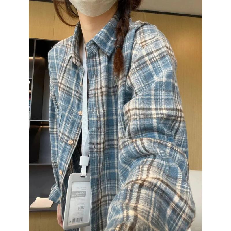 

Синяя клетчатая хлопковая рубашка с длинными рукавами, женская куртка весна-осень, новый взрывной топ раннего осеннего темперамента 70/80KG/XXL