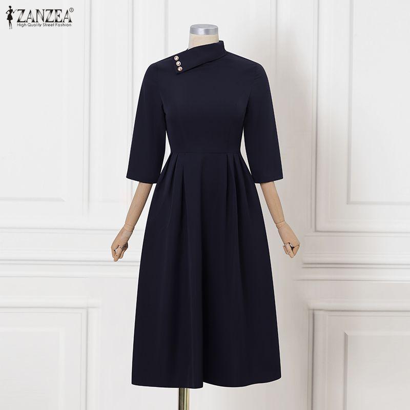 ZANZEA Women Casual Round Neck 3/4 Sleeve Elegant A-Line Dress