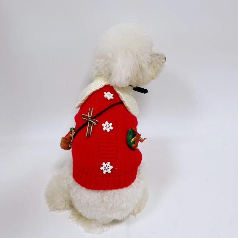 Cute Woven Pet Sweater Christmas Cross Straddle Bag Puppy Kitty Bears Autumn and Winter Warm Teddy Sweater Puppy Clothes