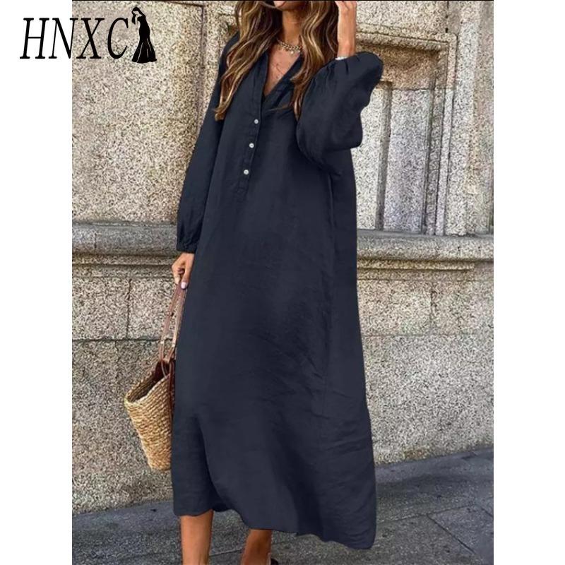 

HNXC Женская мода весна осень однотонный принт с длинным рукавом и высокой талией повседневные платья XXXXXL темно-синий