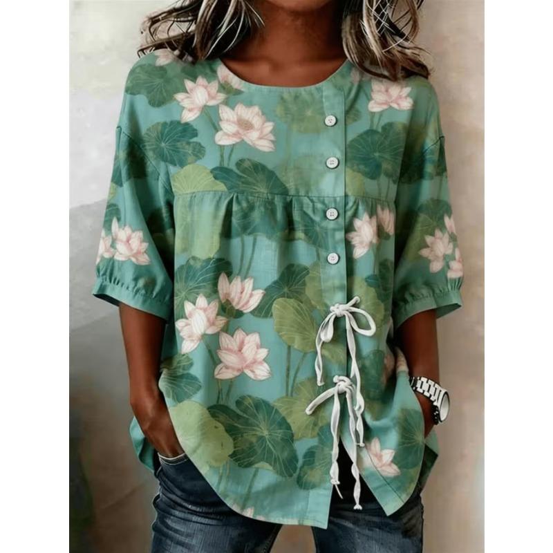 Women's printed lace-up short-sleeved blouse, fashionable and versatile, comfortable and skin-friendly, machine washable.