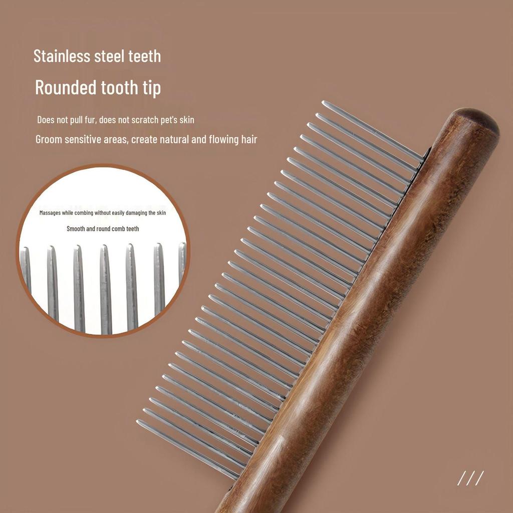 Pet Fine Tooth Comb for Cats & Dogs - Wooden Handle Rake Comb for Flea Removal & Detangling