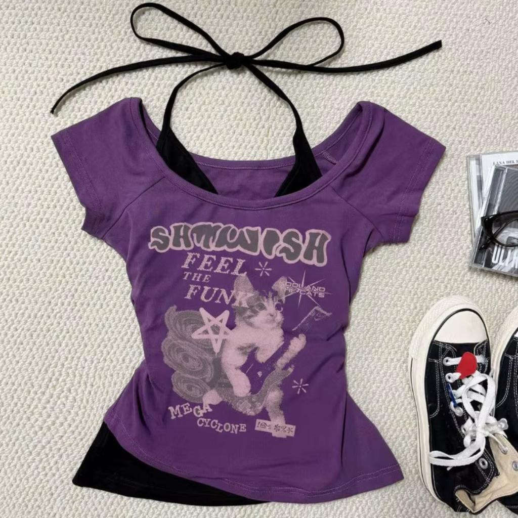 Camisetas de verano de dos piezas con cuello halter y vendaje estilo vintage, camisetas Y2k estéticas ajustadas, camisetas sexis informales con estampado grunge para mujer