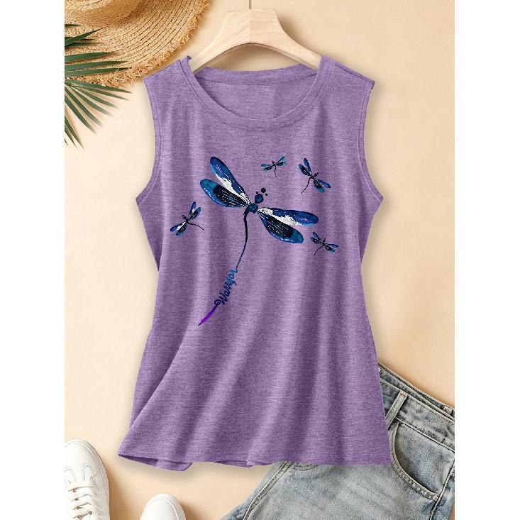 2026 New spring, summer, and autumn women's round-neck design Gradient blue and purple ink painting with multiple dragonflies, sleeveless vest for
