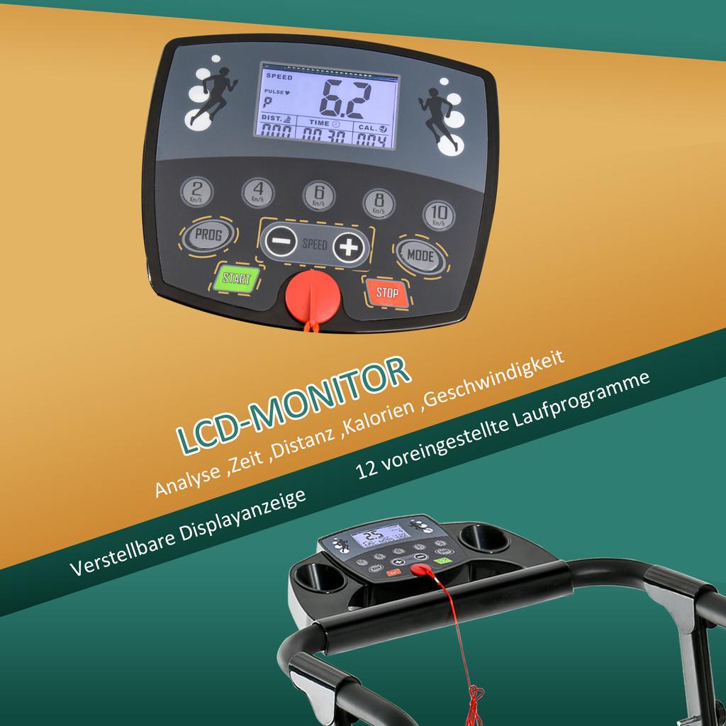 Electric Treadmill, Foldable, with LCD Display, Speed 0.8-10km/h and 3 Programs, Power 500 W, 123 x 62 x 117 cm, Black