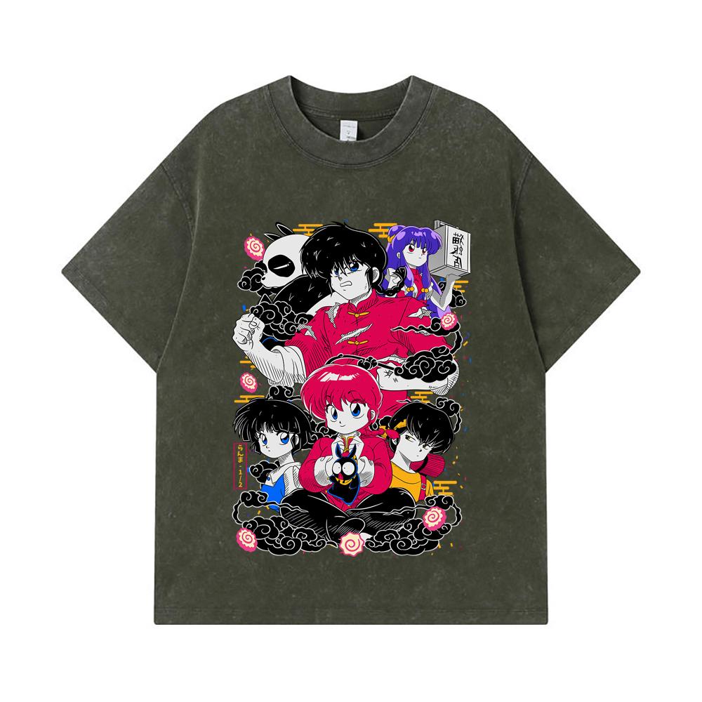 

275 GSM Washed T-shirts 100% Cotton Ranma 12 V2 Print Unisex Heavy Cotton T Shirt S армия зеленый