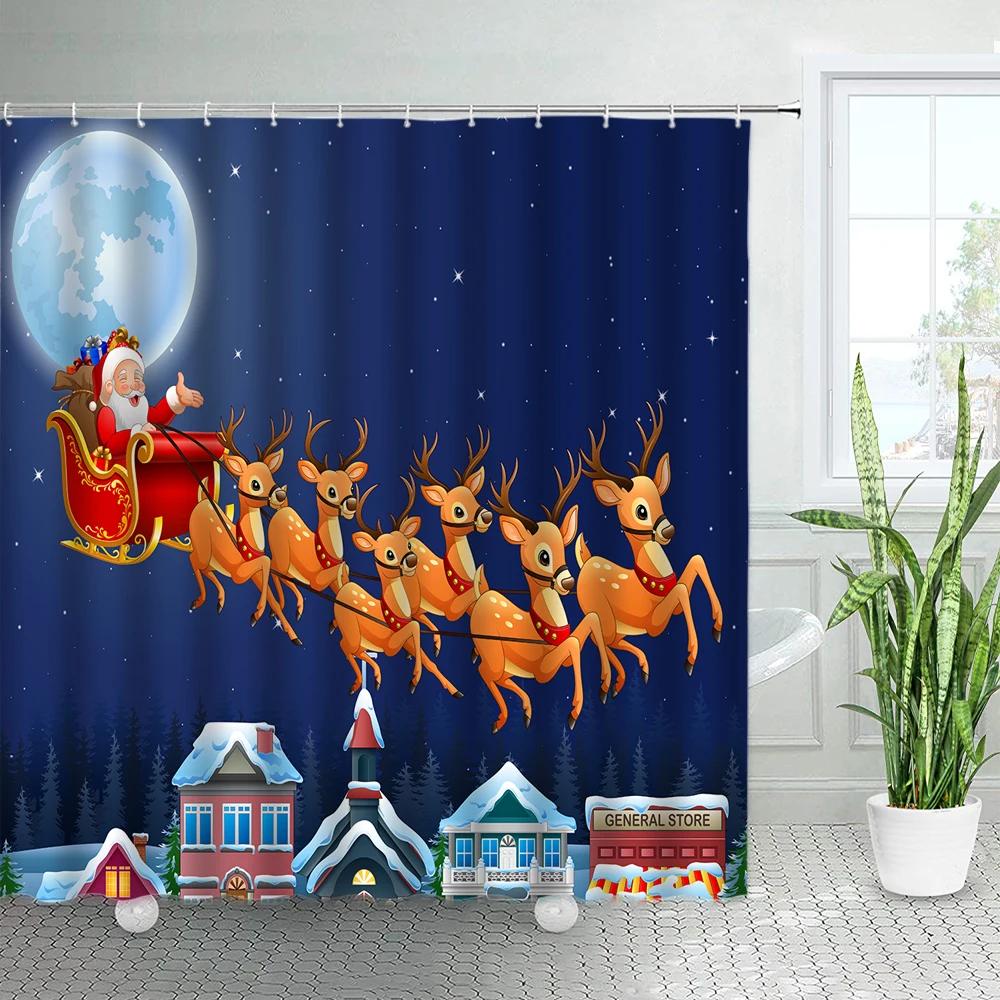 3D Red Santa Christmas Bathroom Shower Curtain New Year Party Xmas Wall Hanging Waterproof Polyester Bathtub Bath Curtains Decor