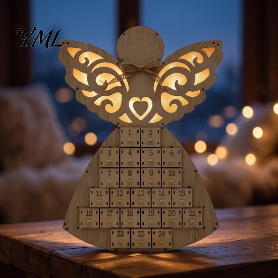 Wooden Advent Calendar with Drawers Angel Christmas 24 Storage Drawers, Countdown Organizer to Tabletop Decoration for Winter Holiday Party Favors