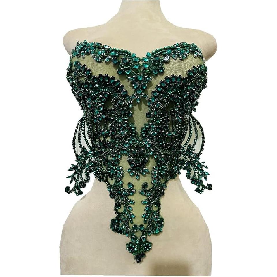 Handmade red/Blue/Gold/Green Rhinestones Lace Bodice Applique Sewing Beads Crystal Trim Patches Accessory for Dress Clothes (Light Champagne)