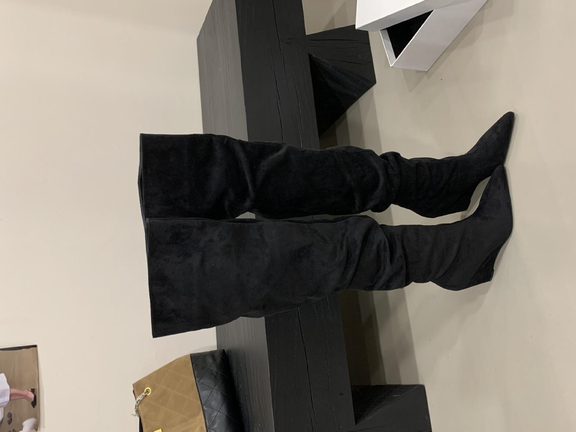 

2025 autumn and winter new big tube circumference pointed toe over knee boots thick heel high boots slope heel boots stacking boots 39 чёрный