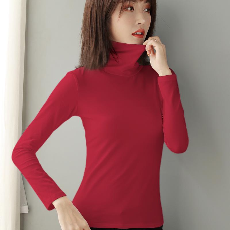 Women's Slim Fit High Collar Cotton Long Sleeve T-Shirt for Autumn and Winter