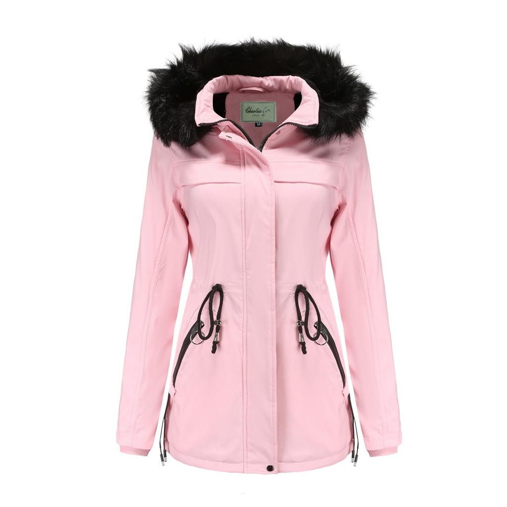 Women's Hooded Plus Velvet Corduroy Coat Ladies Winter Cotton Coat Thickened Mid-length Warm Jacket