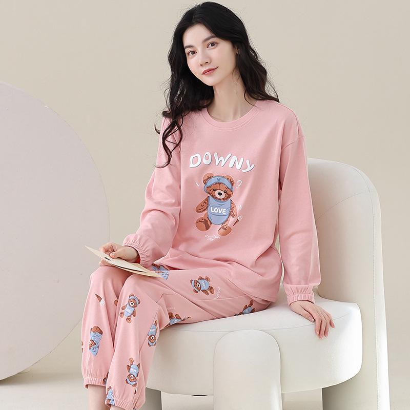 Aifen Teng Women's Pajamas Set: Pure Cotton, Long Sleeve, Long Pants, Casual Home Wear, Suitable for Spring, Autumn, and Winter.