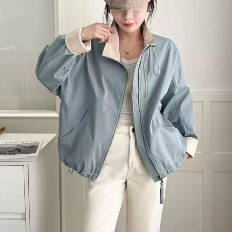 Women's Korean Style Loose Short Stand Collar Windbreaker Jacket for Spring and Autumn Color Block Double Zip Trendy Top