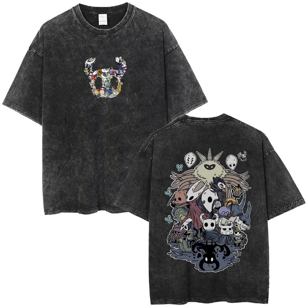 Game Hollow Knight Print Washed Tshirt Men Women Fashion Casual Cotton Tshirts Unisex Vintage Oversized Short Sleeve T Shirts