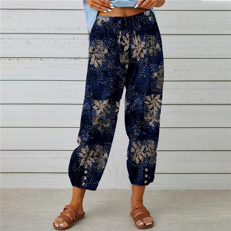Summer Women's Pants Cotton Linen High Waist Drawstring Nine-quarter Pants Elastic Waist Bundle Foot Mouth Retro Print Pants