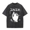 Japanese Anime Serial Experiments Lain Vintage Washed T Shirt Manga Iwakura Girl Sci Fi T-shirts Men 100% Cotton Casual T Shirt