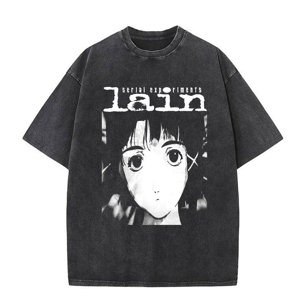 Japanese Anime Serial Experiments Lain Vintage Washed T Shirt Manga Iwakura Girl Sci Fi T-shirts Men 100% Cotton Casual T Shirt