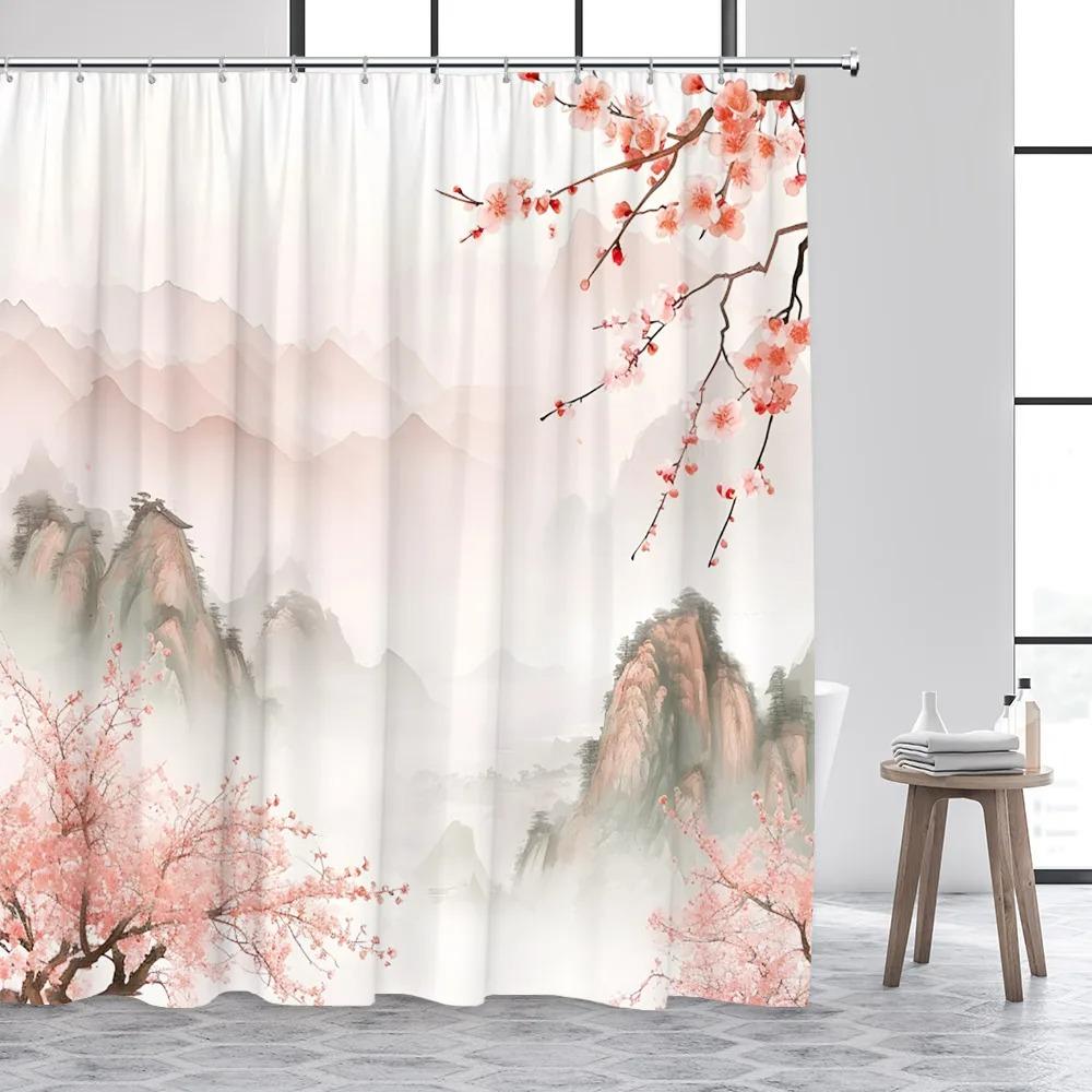 Japanese Style Ink Landscape Shower Curtain Sea Waves Crane Koi Fish Mountain Waterfall Plant Floral Bathroom Curtains Decor Set